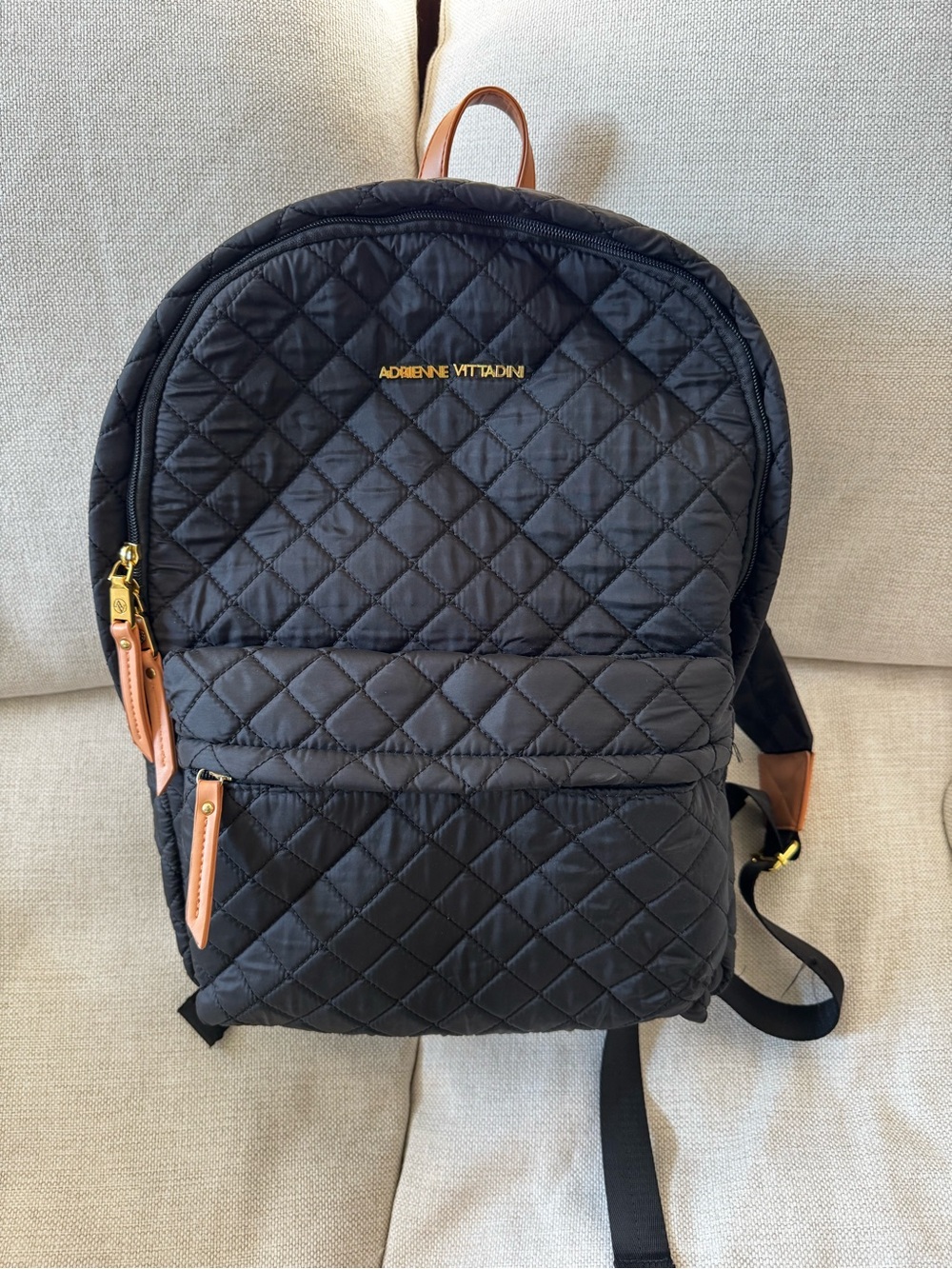 Adrienne Vittadini Black Quilted Backpack with Tan Accents